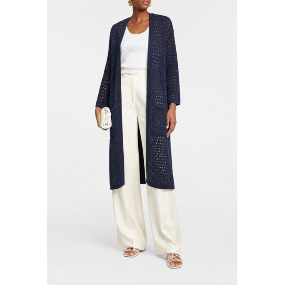 Dorothee Schumacher Wool Knit Cardigan Coat Size XL Navy Blue Luxury Old Money